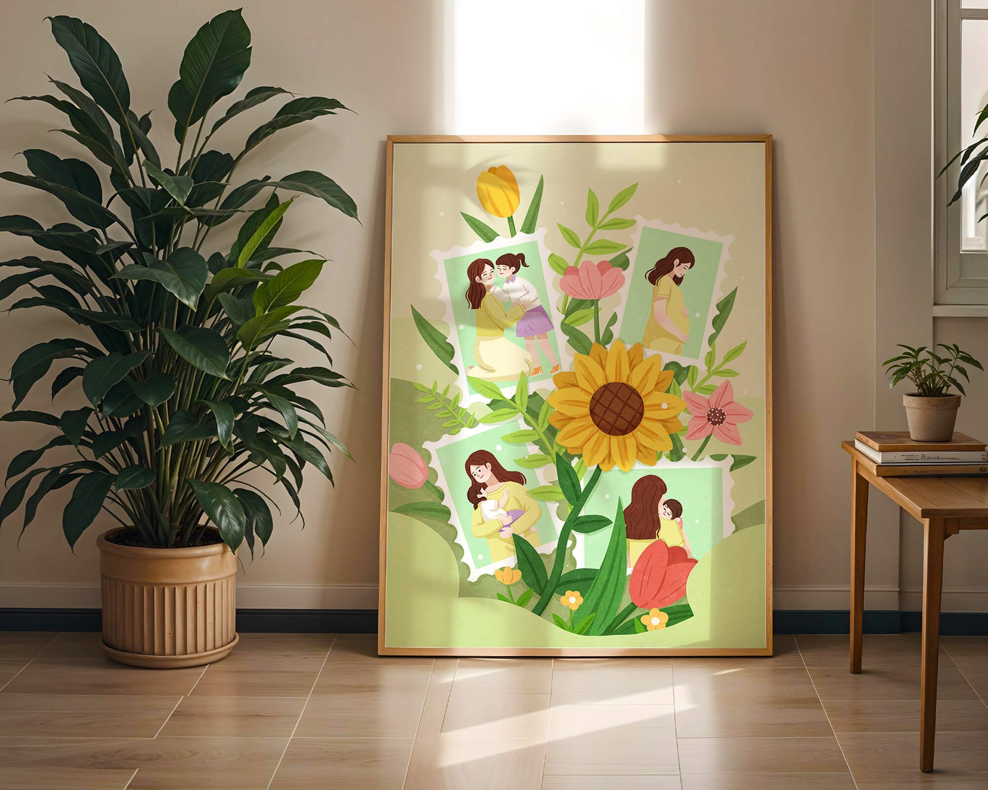 Ilustración de momentos familiares con fondo floral vibrante