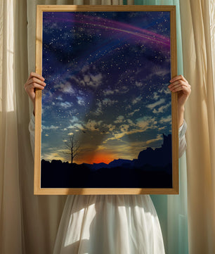 Starlit night sky with colorful sunset and silhouetted landscape