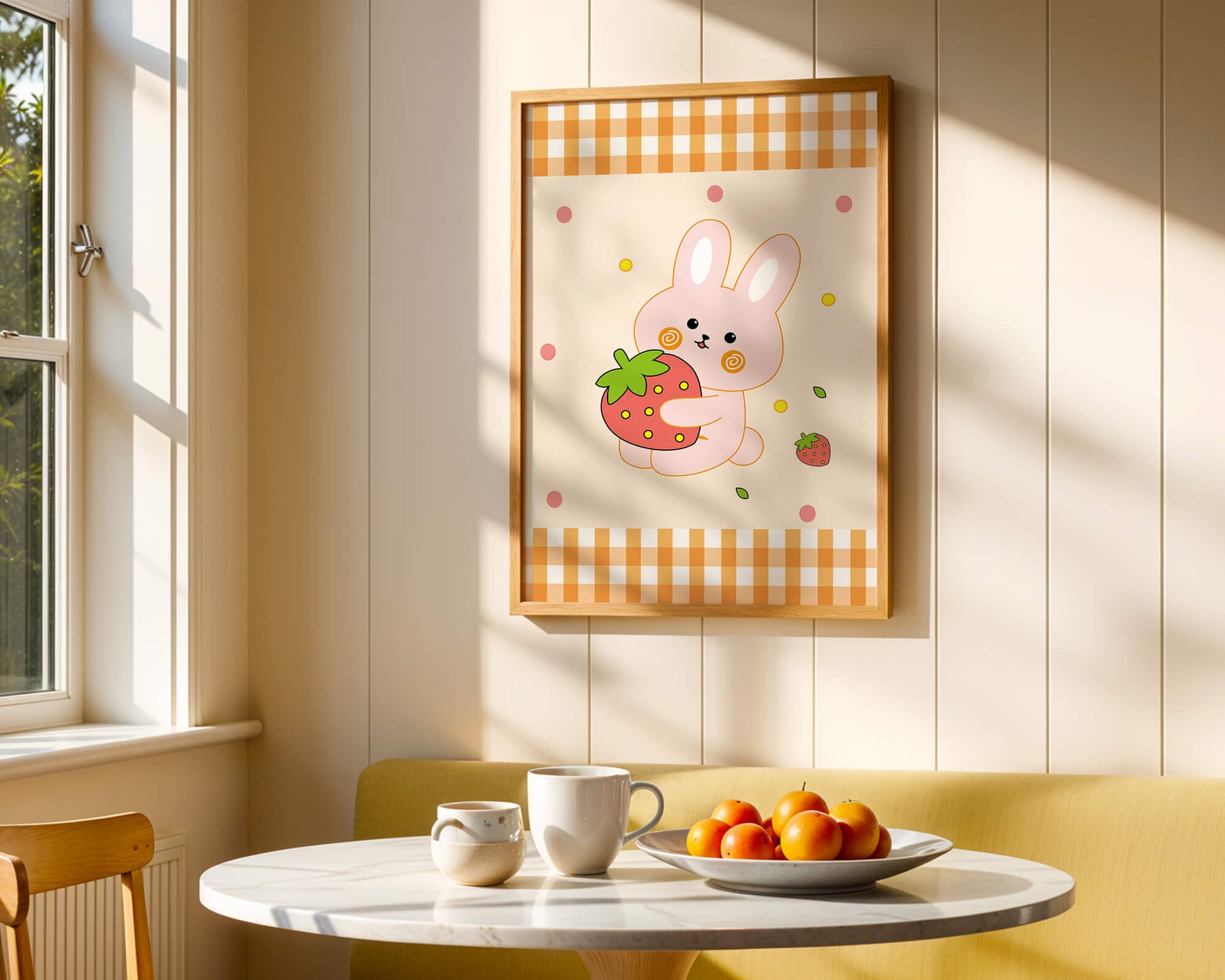 Adorable bunny holding strawberry illustration with gingham pattern