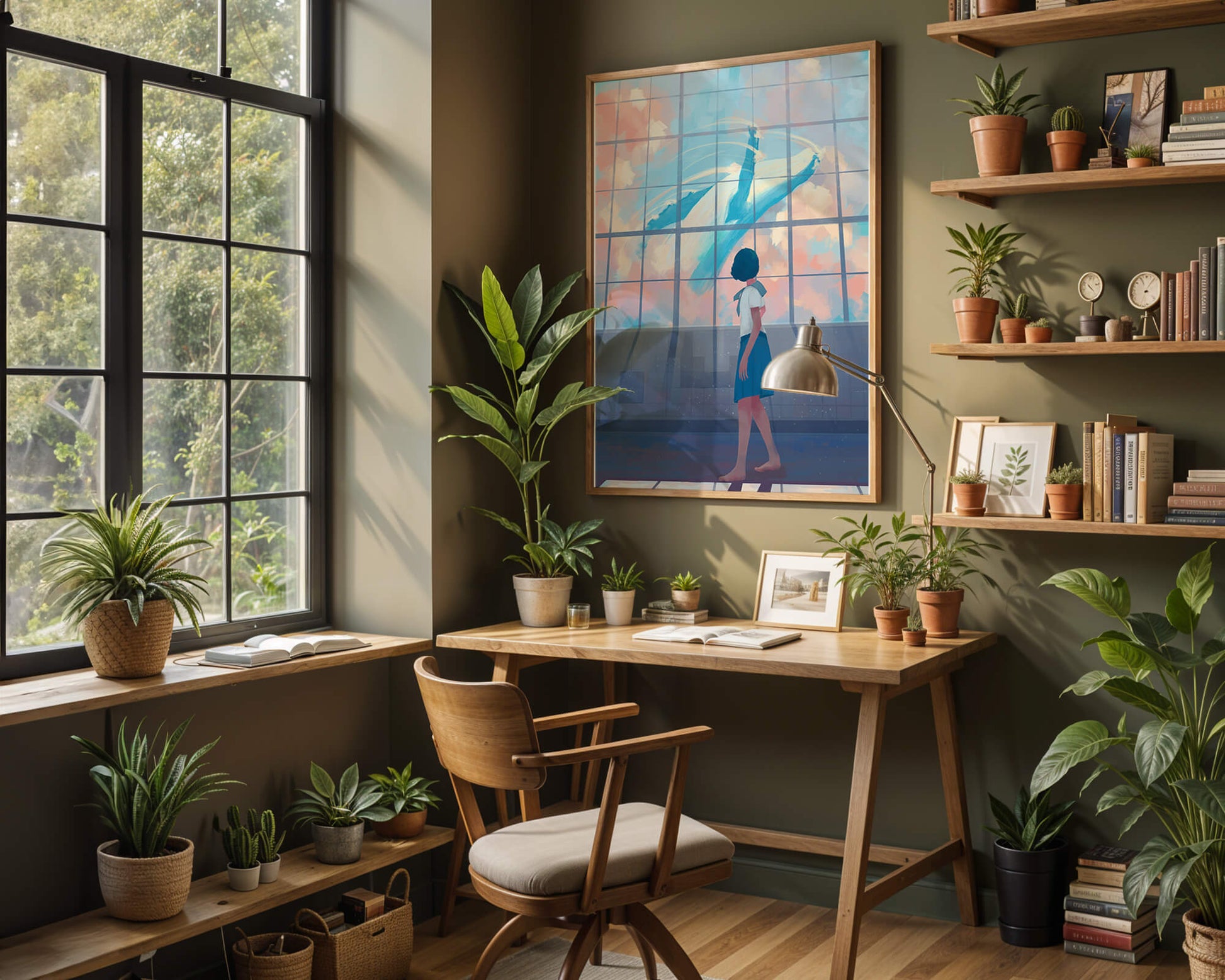 Young girl looking at a giant whale through a large window