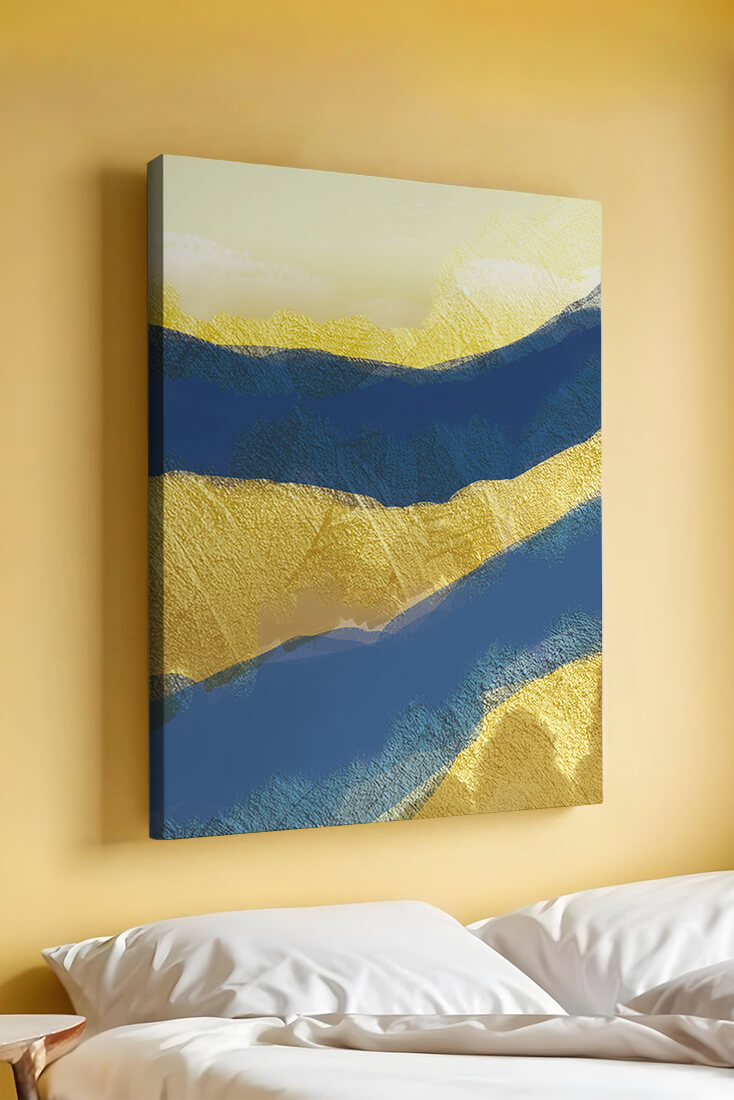 Abstract landscape with blue and yellow textured layers