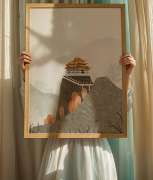 Serene mountain landscape with traditional Asian architecture