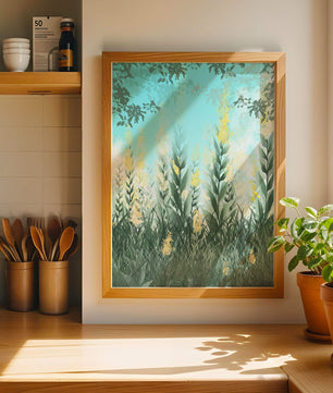 Serene Garden with Tall Green Leaves and Yellow Flowers Under Blue Sky