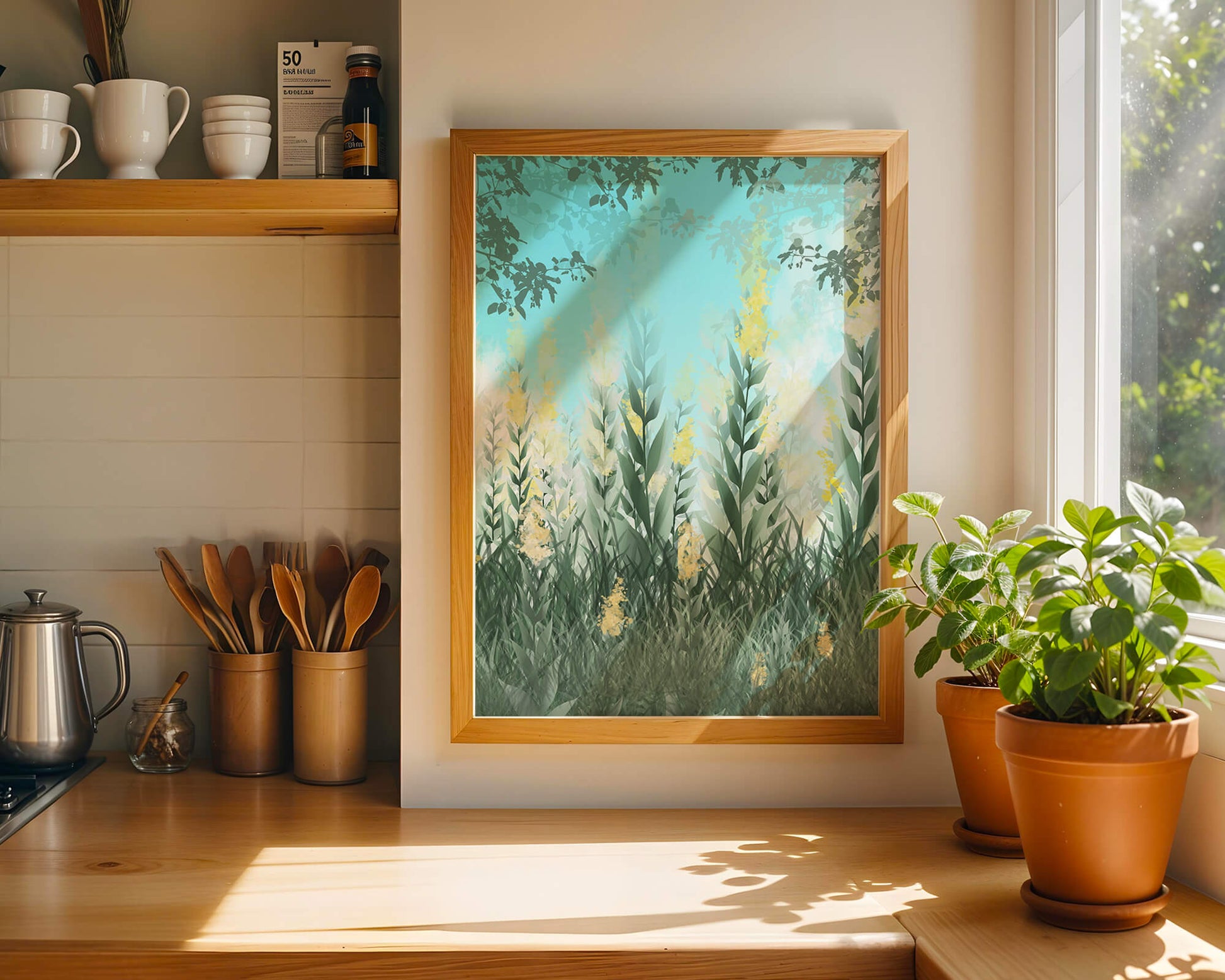 Jardín sereno con hojas verdes altas y flores amarillas bajo el cielo azul