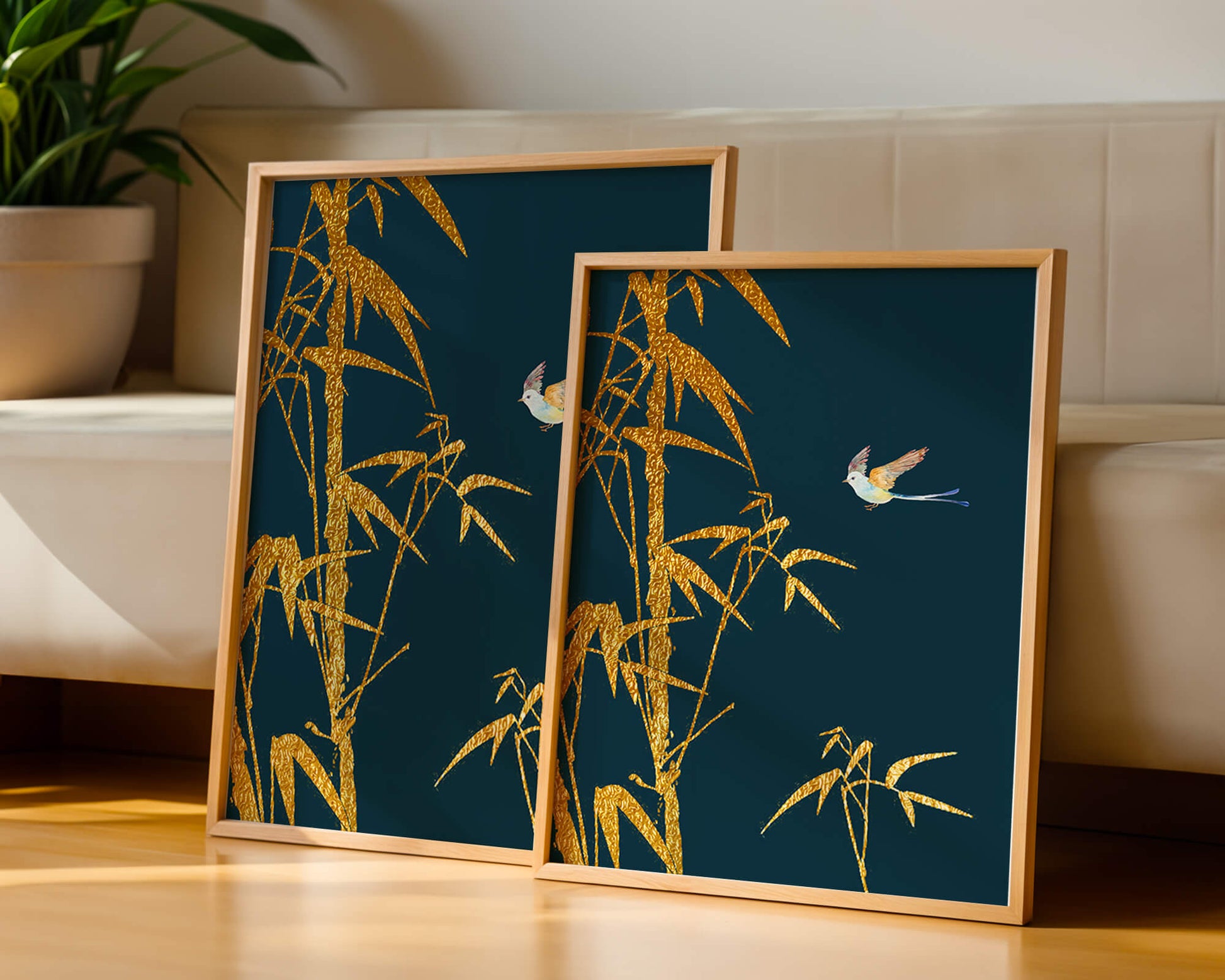 Golden bamboo and bird against a deep blue background