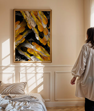 Abstract Composition with Yellow and White Feathers on a Black Background - Mi tienda