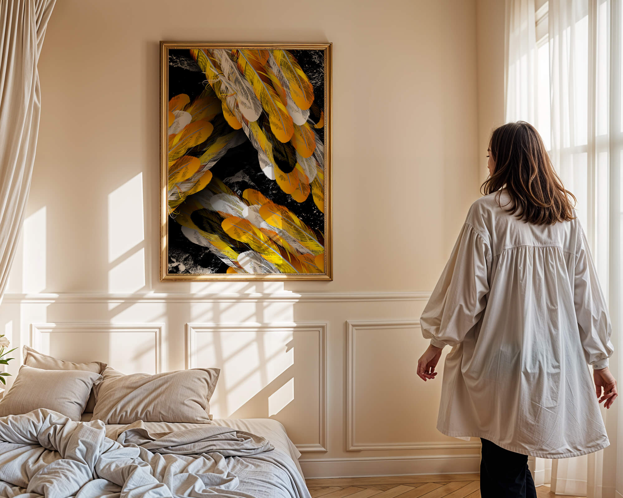 Abstract Composition with Yellow and White Feathers on a Black Background - Mi tienda