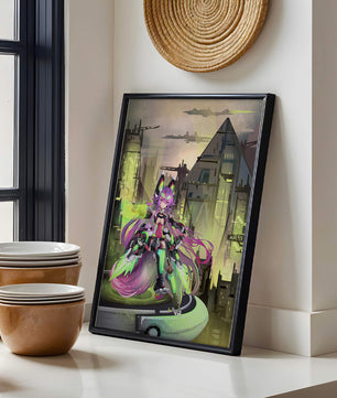 Cyberpunk-Anime-Figur im futuristischen Stadtbild 