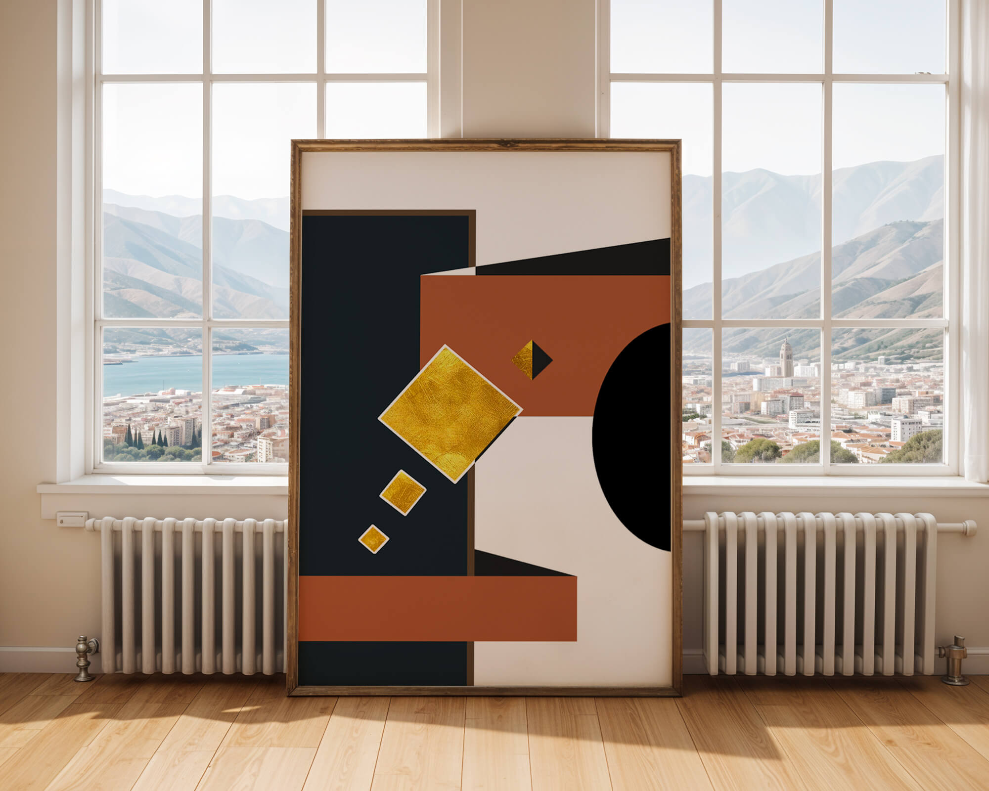 Abstract geometric art with gold accents and bold colors - Mi tienda
