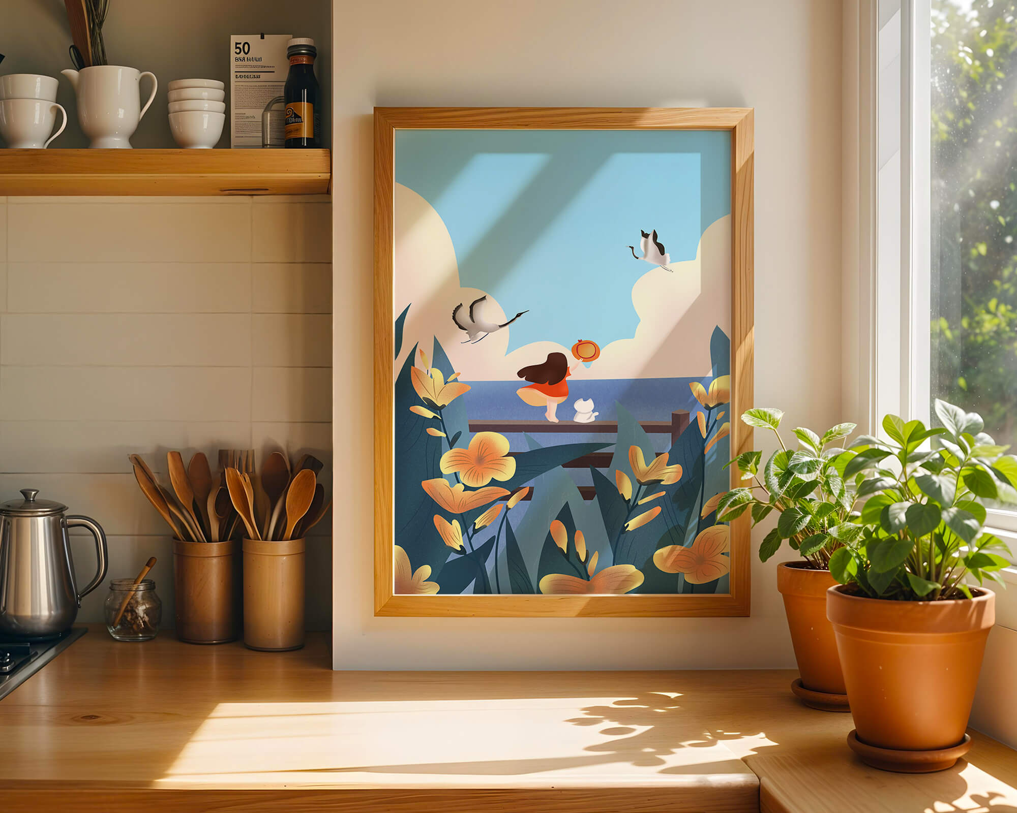 Serene seaside scene with girl, cat, and birds in nature