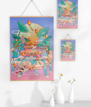 Illustration pittoresque d’un temple chinois avec des lanternes flottantes et un paysage serein
