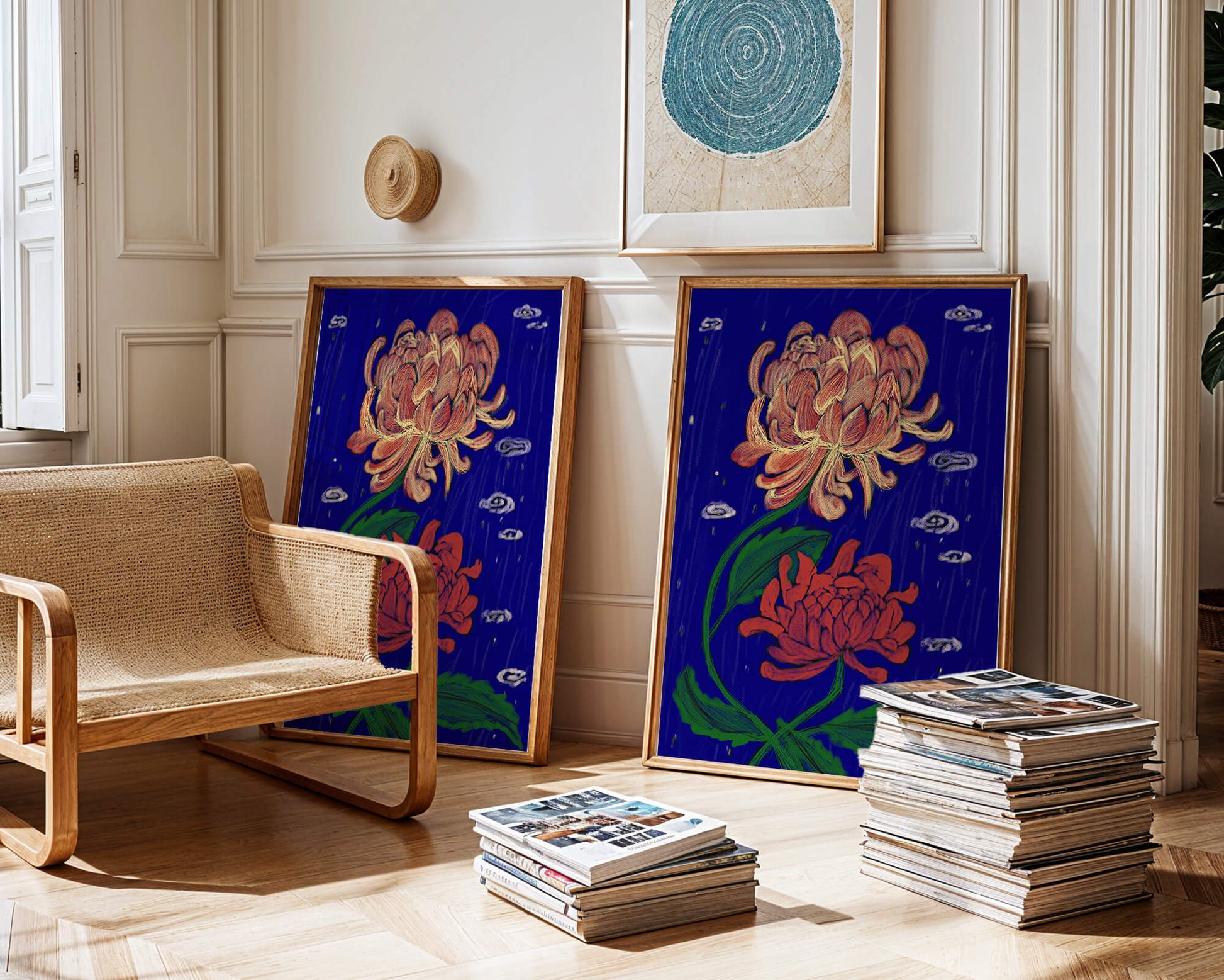 Colorful chrysanthemum illustration on dark blue background