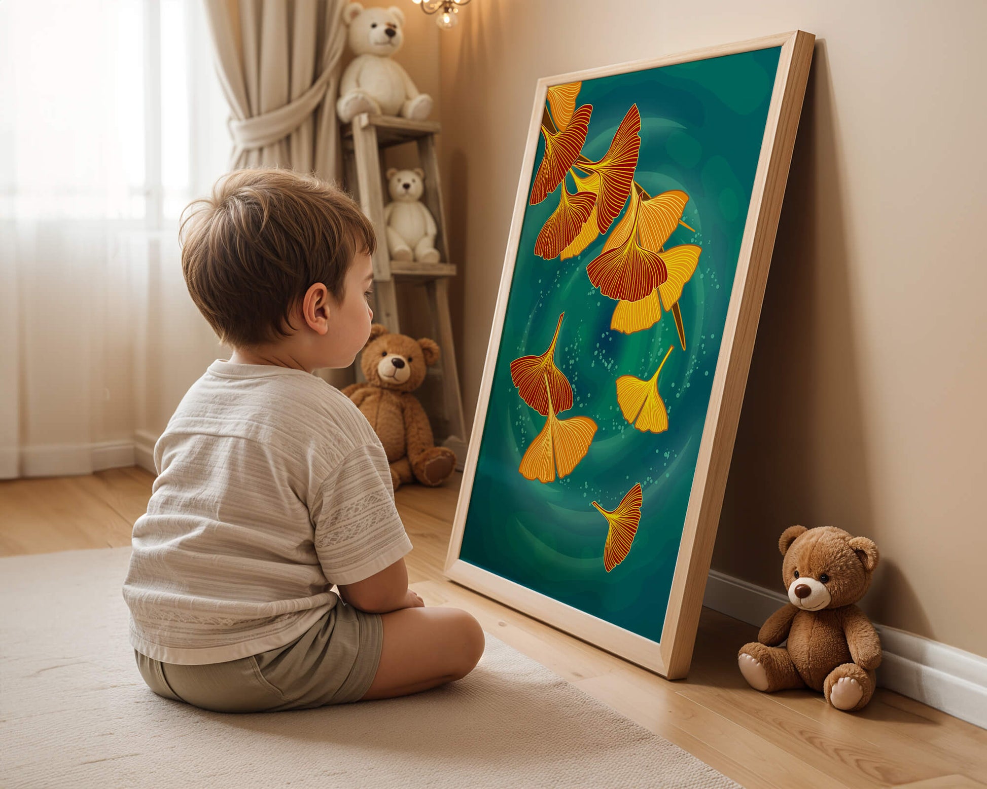 Stylized Ginkgo Leaves Floating on a Turquoise Background
