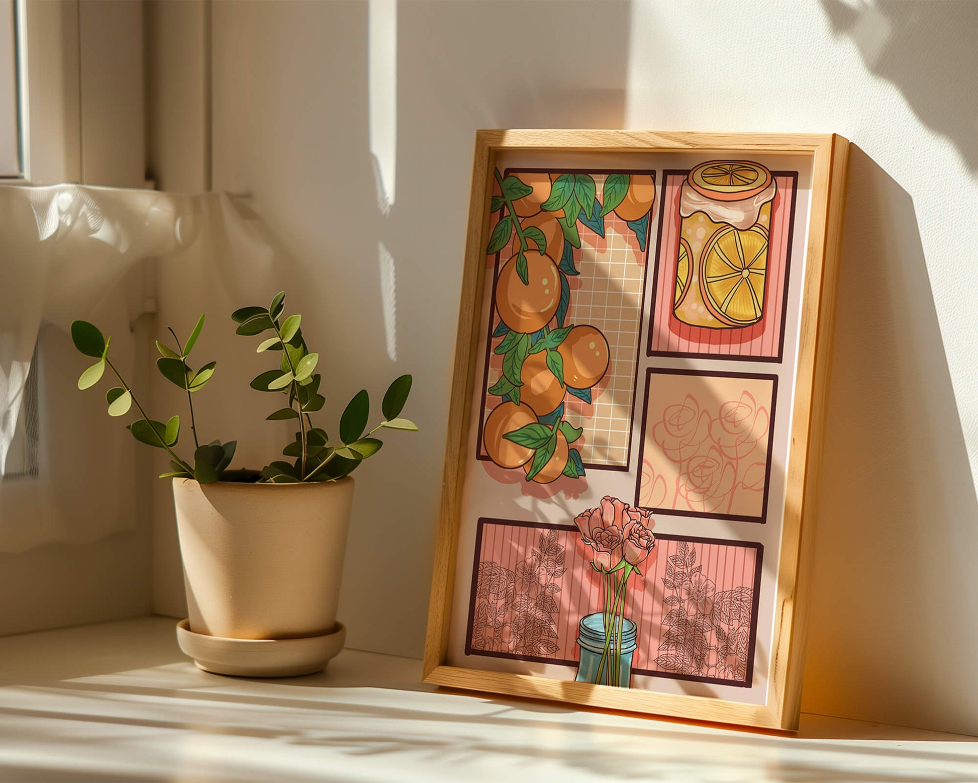 Composición artística con naranjas, frasco de rodajas de limón y rosas sobre fondo geométrico