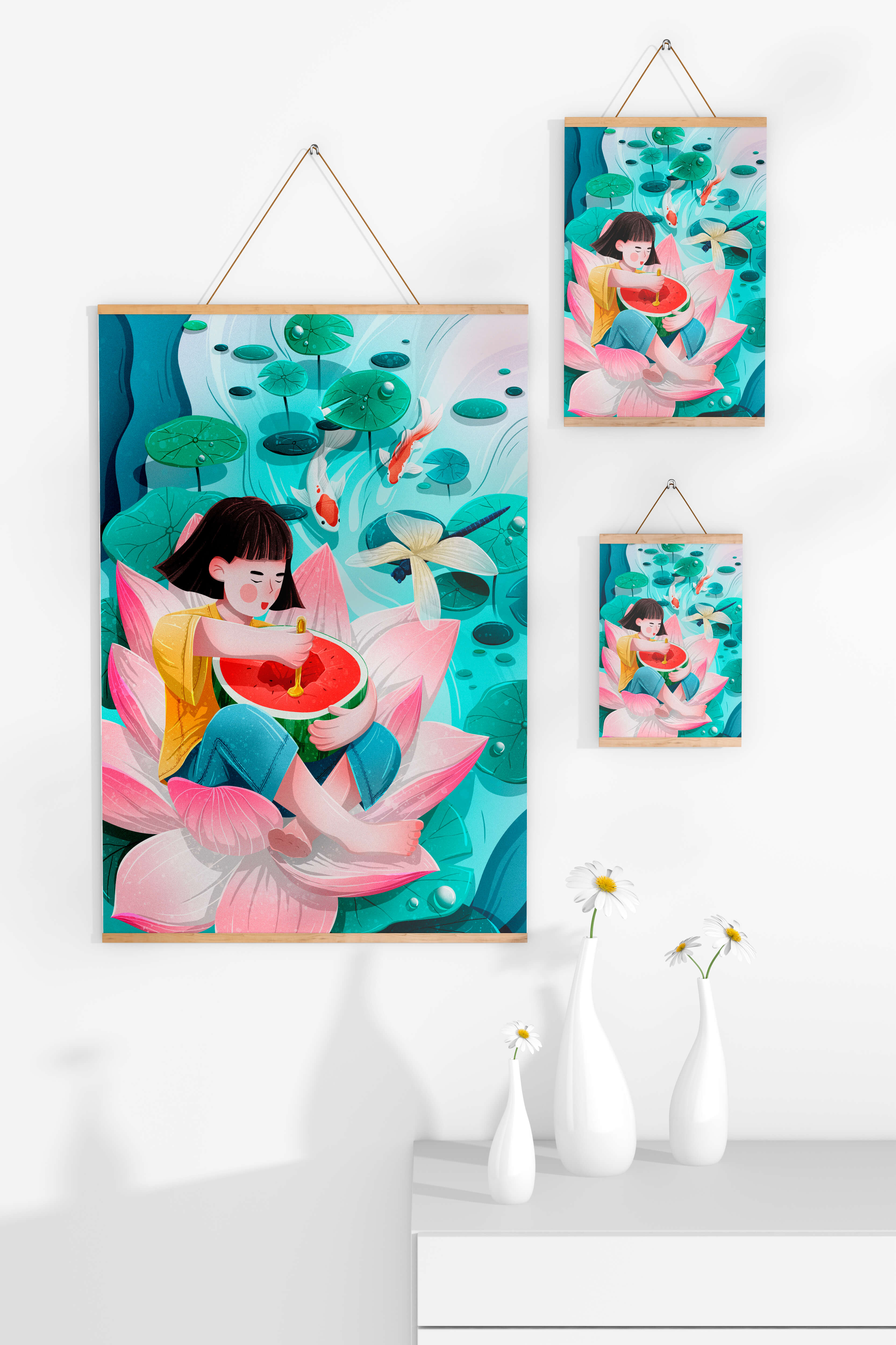 Serene illustration of child with watermelon on lotus flower