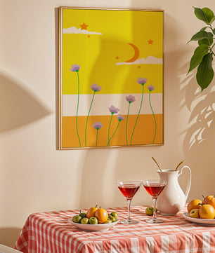 Illustrative landscape with crescent moon, stars, and flowers