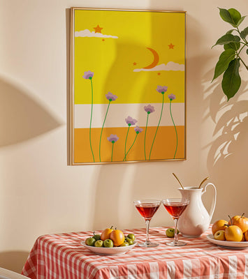 Illustrative landscape with crescent moon, stars, and flowers