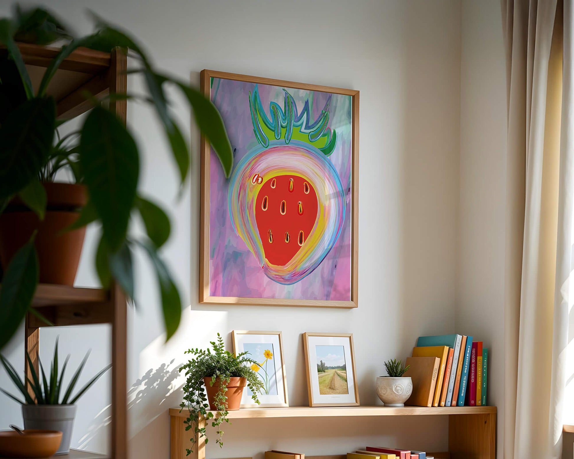 Colorful abstract strawberry with vibrant brush strokes