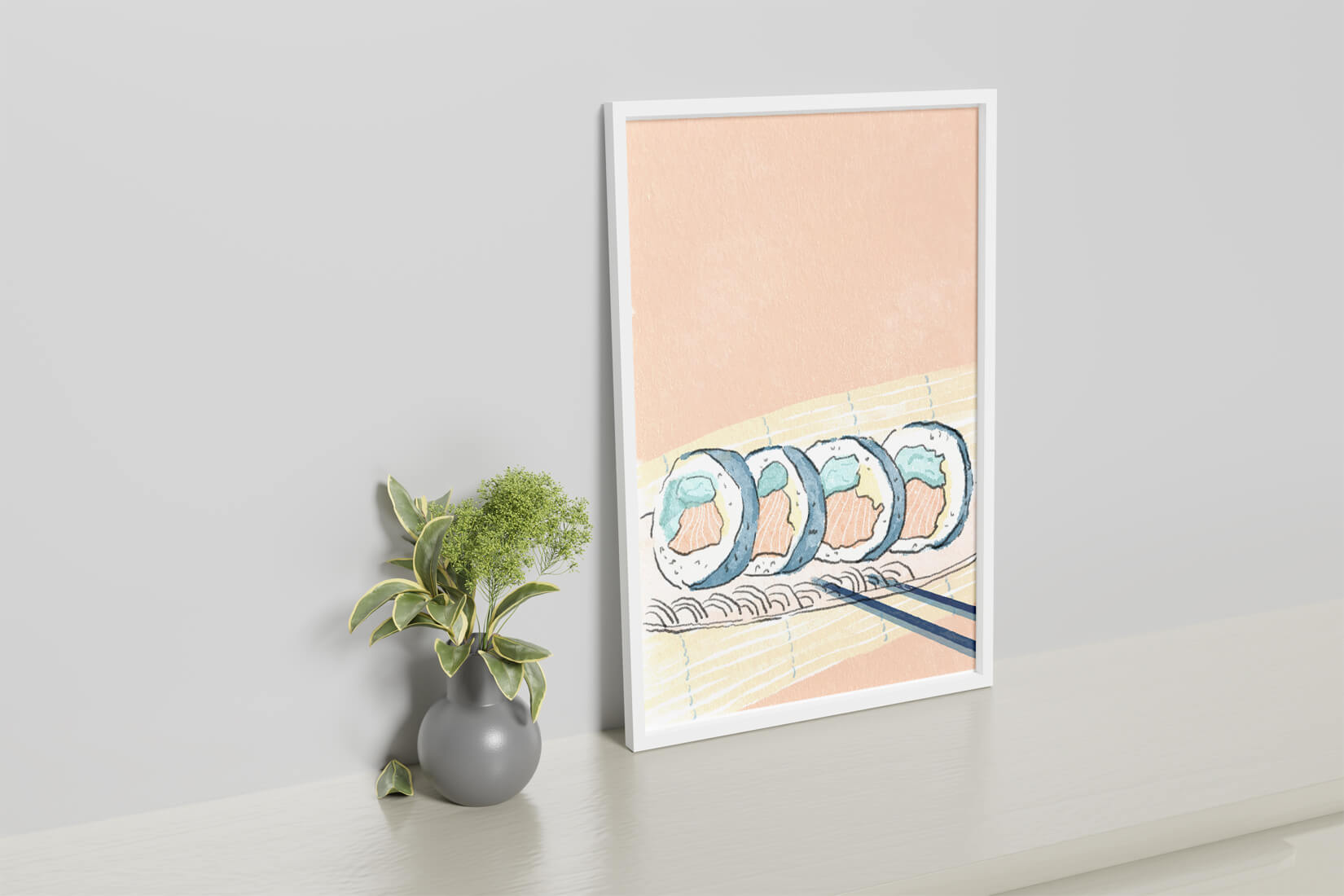 Colorful sushi rolls with chopsticks on pastel background