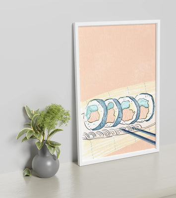 Colorful sushi rolls with chopsticks on pastel background