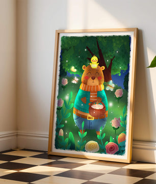 Charming bear in a colorful garden with flowers and fireflies