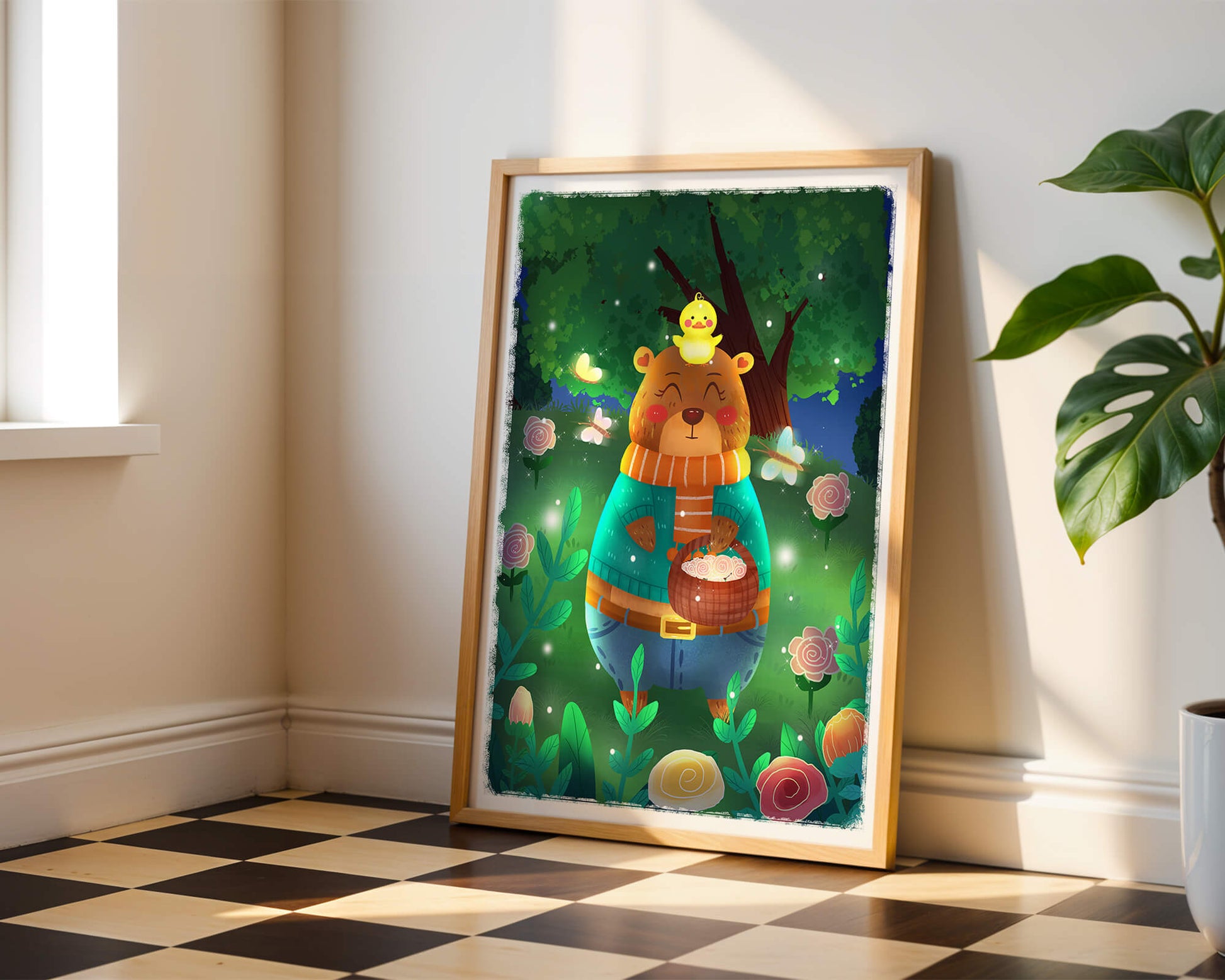 Charming bear in a colorful garden with flowers and fireflies