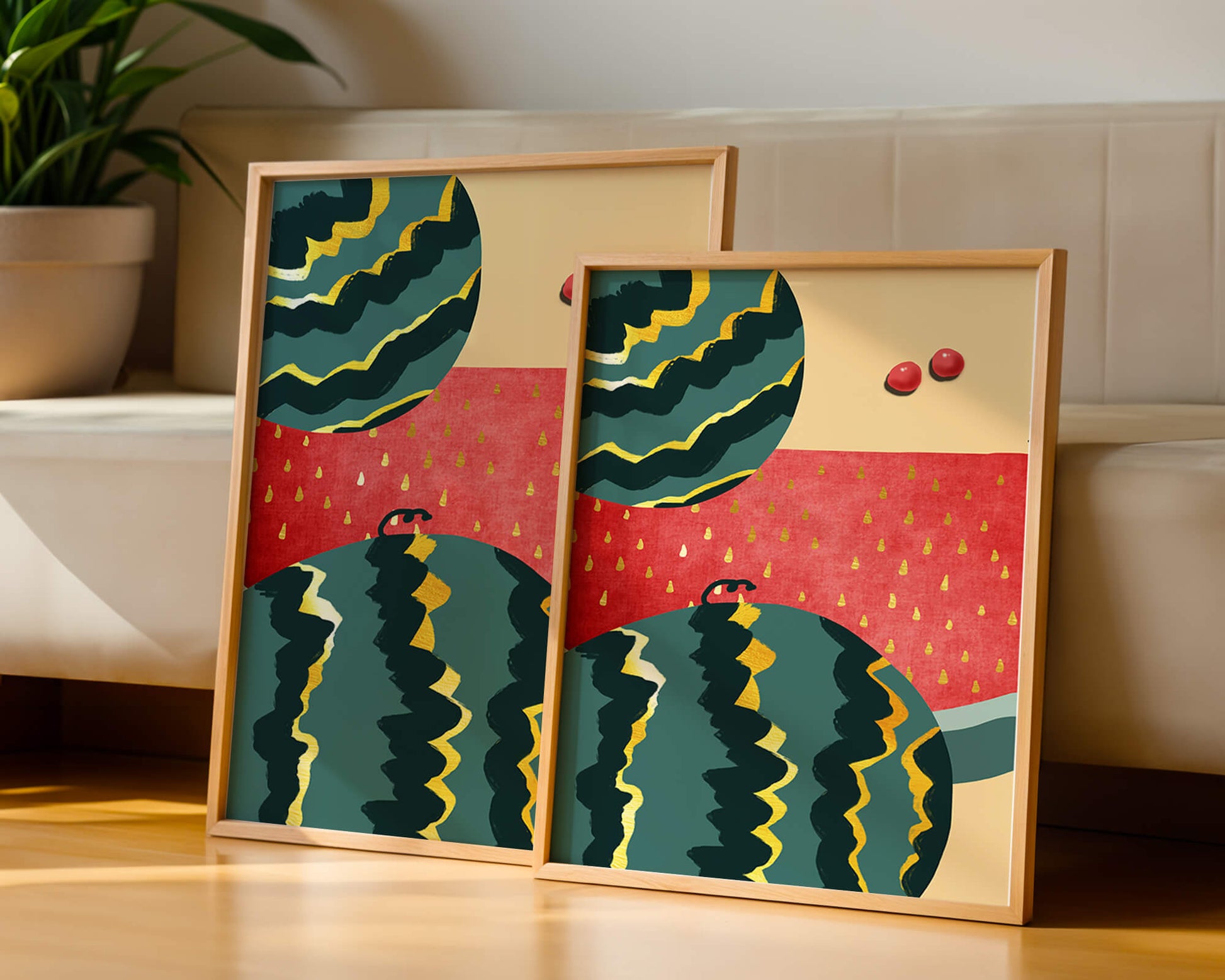 Arte abstracto vibrante de sandía con reflejos dorados