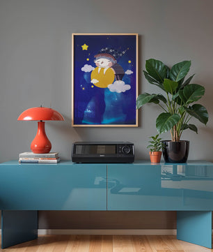 Scène nocturne onirique avec un enfant étreignant la lune