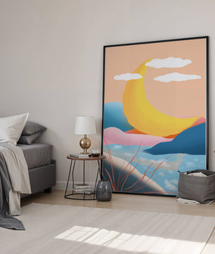 Abstract Landscape with Yellow Crescent and Pastel Colors