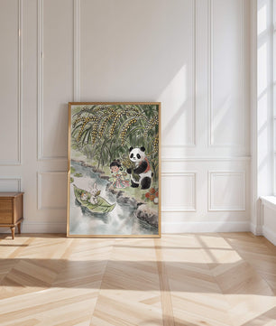 Escena caprichosa con un panda y un conejo junto al río