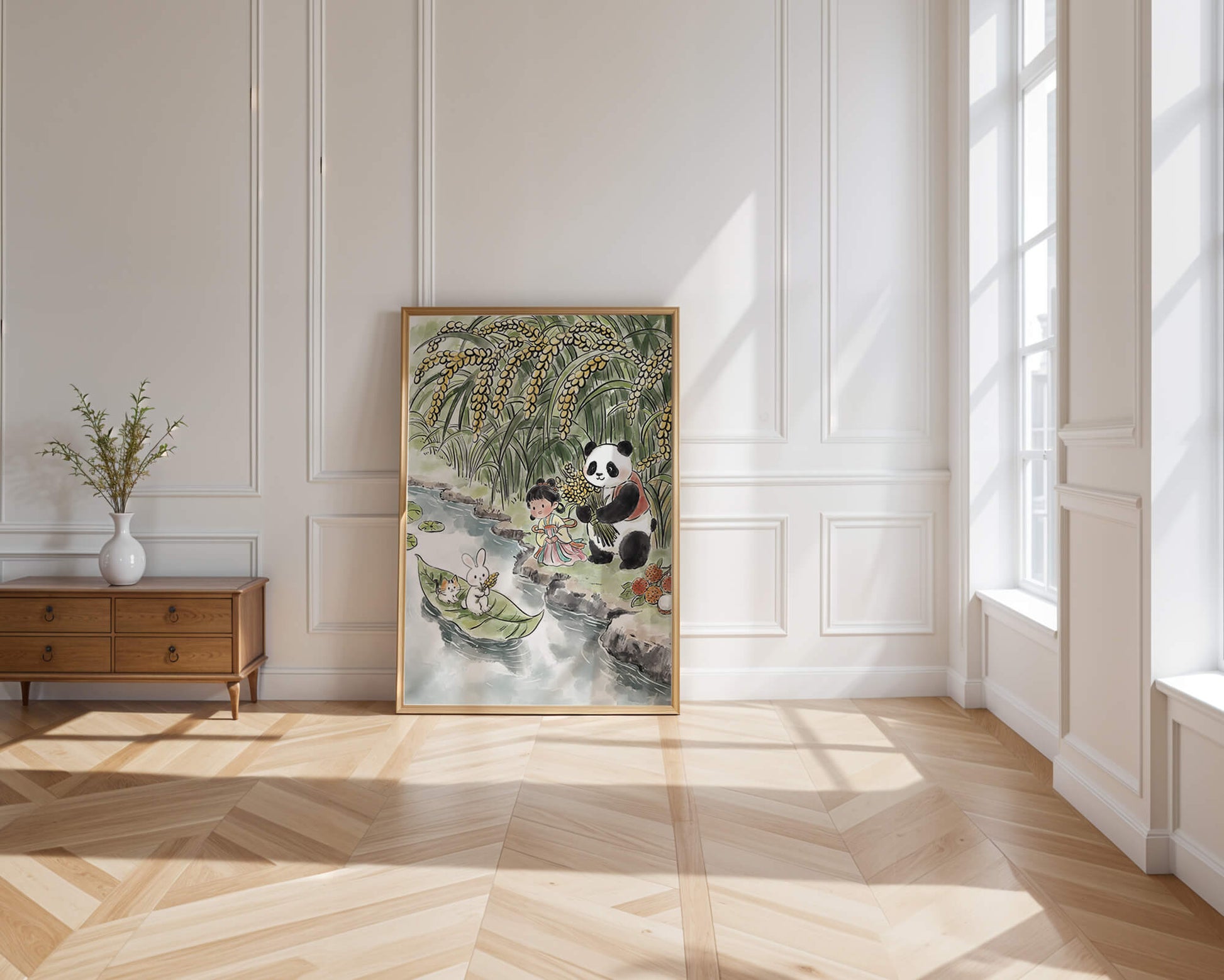 Escena caprichosa con un panda y un conejo junto al río