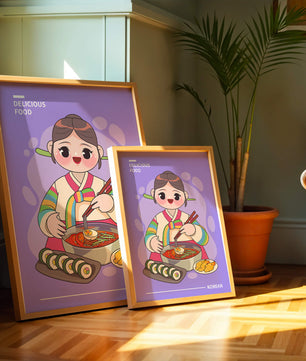 Charming illustration of Korean cuisine with a cheerful character