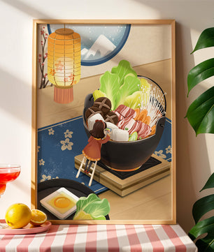 Illustration eines gemütlichen Winteressens mit Hot Pot und Zutaten