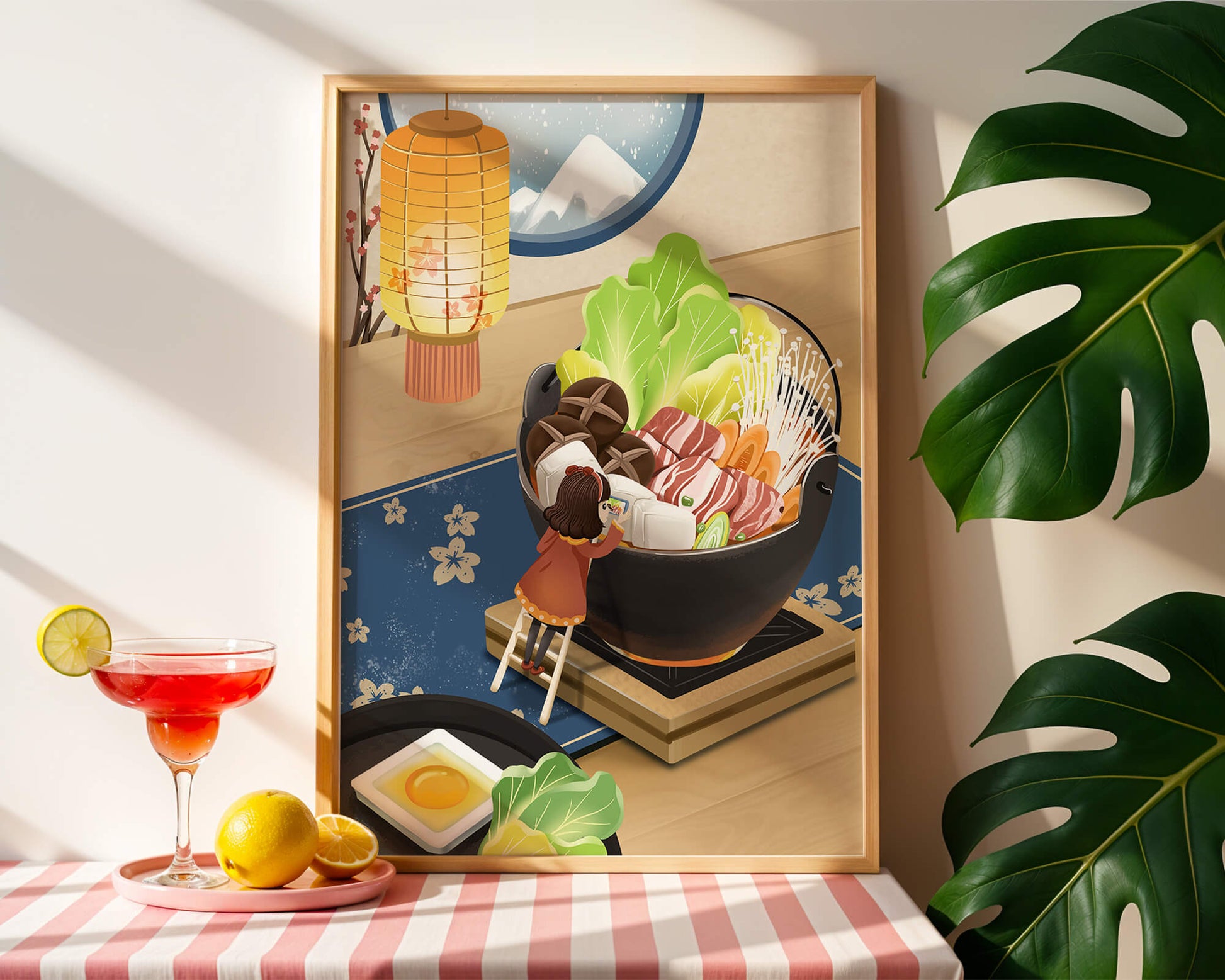 Illustration eines gemütlichen Winteressens mit Hot Pot und Zutaten