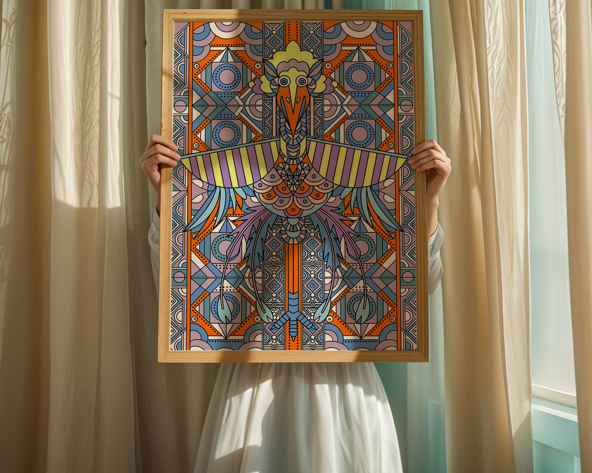 Arte geométrico de aves con patrones coloridos y detalles intrincados