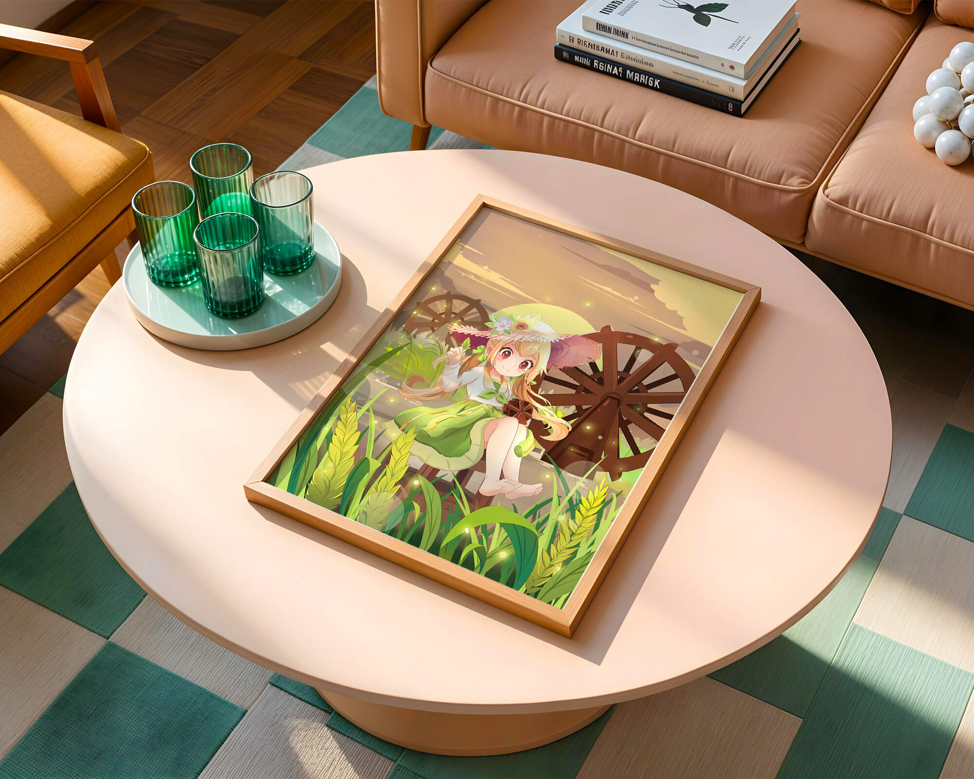 Enchanted countryside scene with a cute character and vibrant nature