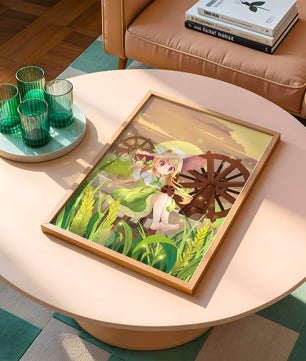 Enchanted countryside scene with a cute character and vibrant nature