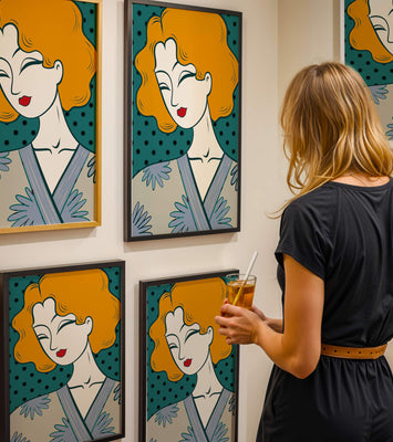 Stylized portrait of a woman with orange hair and floral kimono