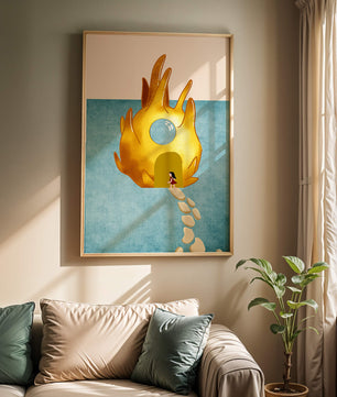 Casa encantada con forma de llama dorada sobre fondo azul claro.