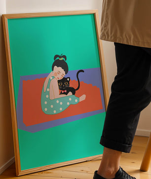 Gemütliche Illustration eines Mädchens, das eine Katze auf einer bunten Matte umarmt