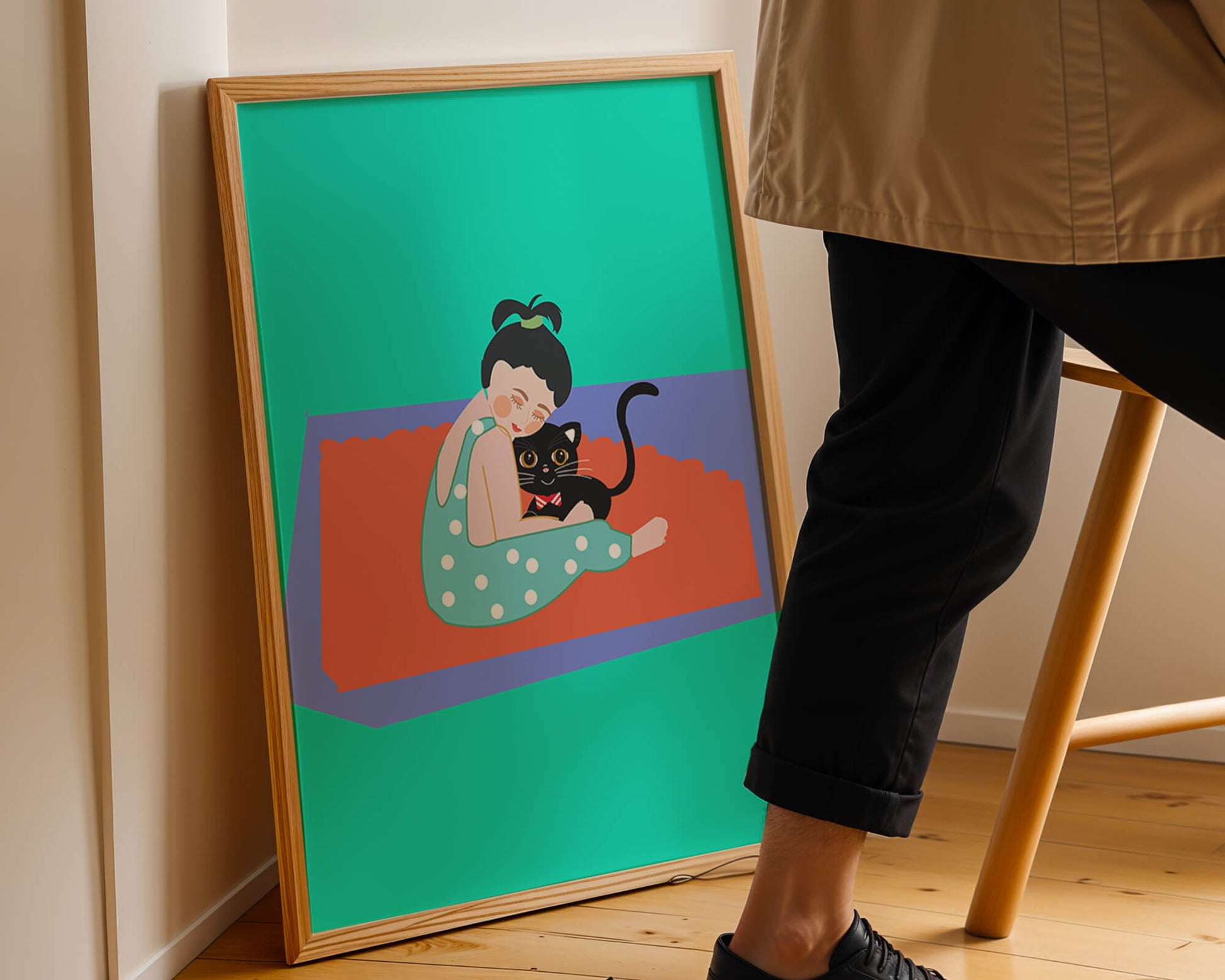 Gemütliche Illustration eines Mädchens, das eine Katze auf einer bunten Matte umarmt