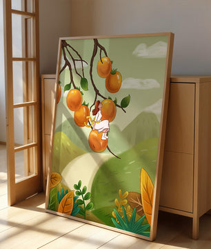 Femme assise sur un fruit orange dans un paysage surréaliste
