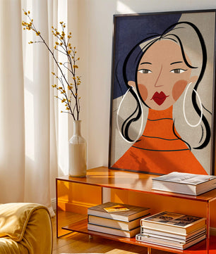 Colorful abstract portrait featuring a woman with red lips and hoop earrings on textured background - Mi tienda