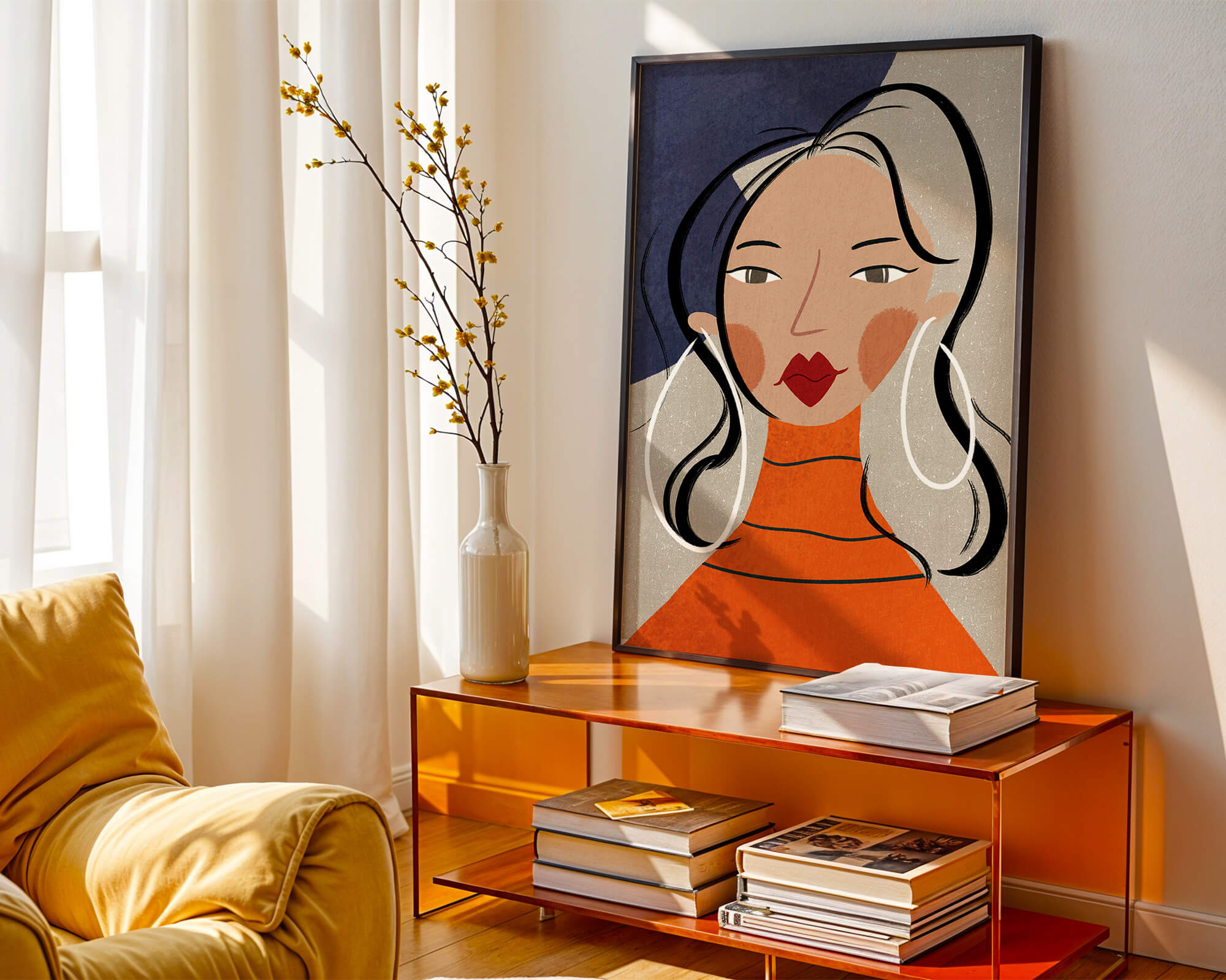 Colorful abstract portrait featuring a woman with red lips and hoop earrings on textured background - Mi tienda