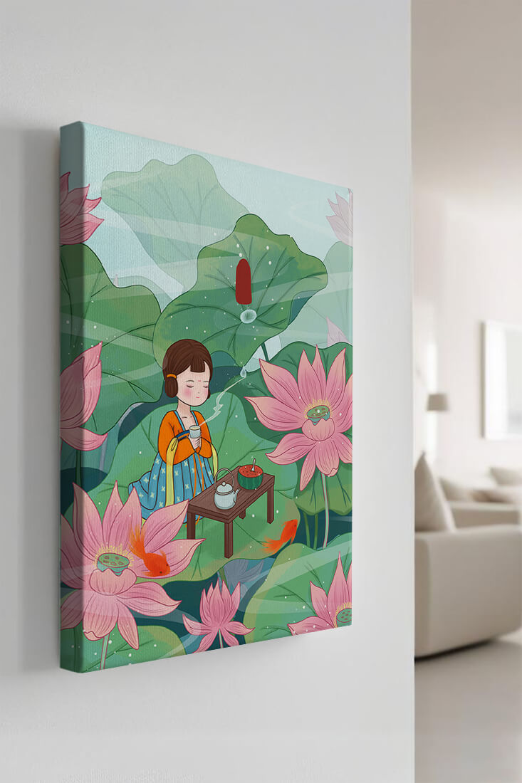 Serene illustration of a girl enjoying tea among lotus flowers