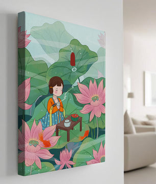 Serene illustration of a girl enjoying tea among lotus flowers