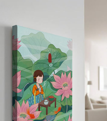 Serene illustration of a girl enjoying tea among lotus flowers