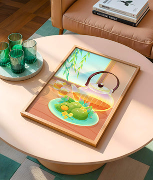 Tea set with green treats and bamboo leaves in serene setting
