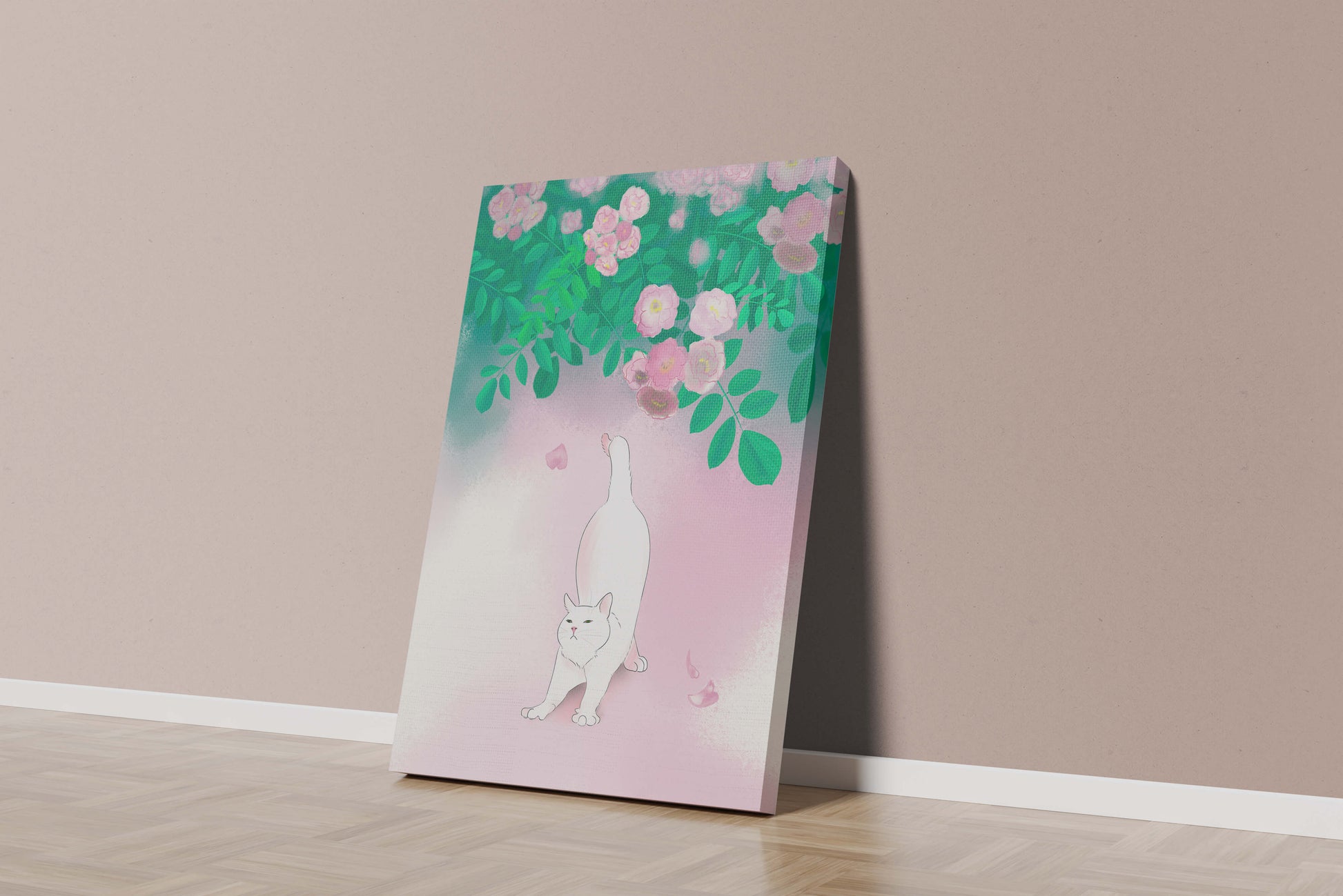 White cat stretching beneath blooming flowers in a pastel garden setting