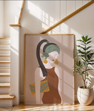Retrato de mujer estilizado con colores apagados y elementos geométricos